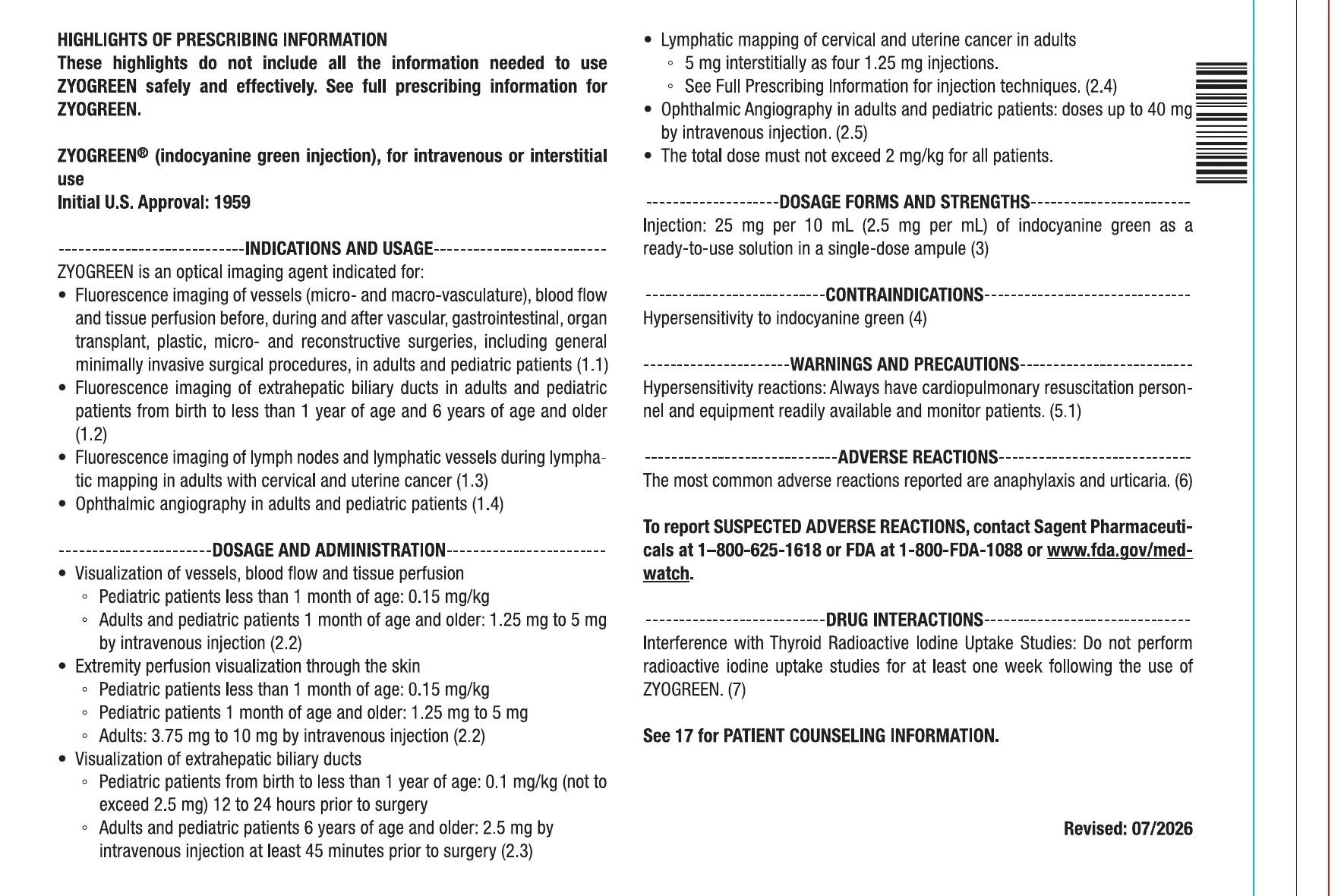 First page of the Zyogreen Prescribing Information